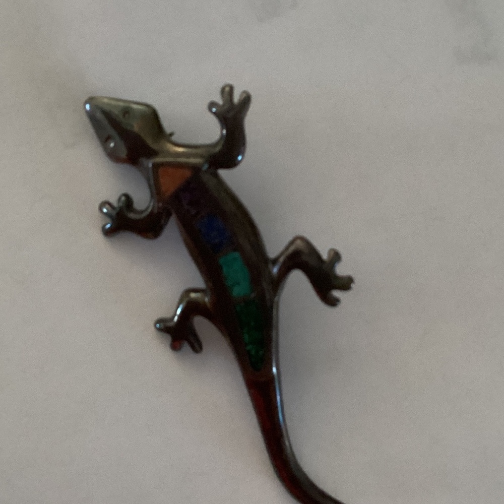 Signed Carolyn Pollack Sterling Silver Lizard Brooch Stone Inlay